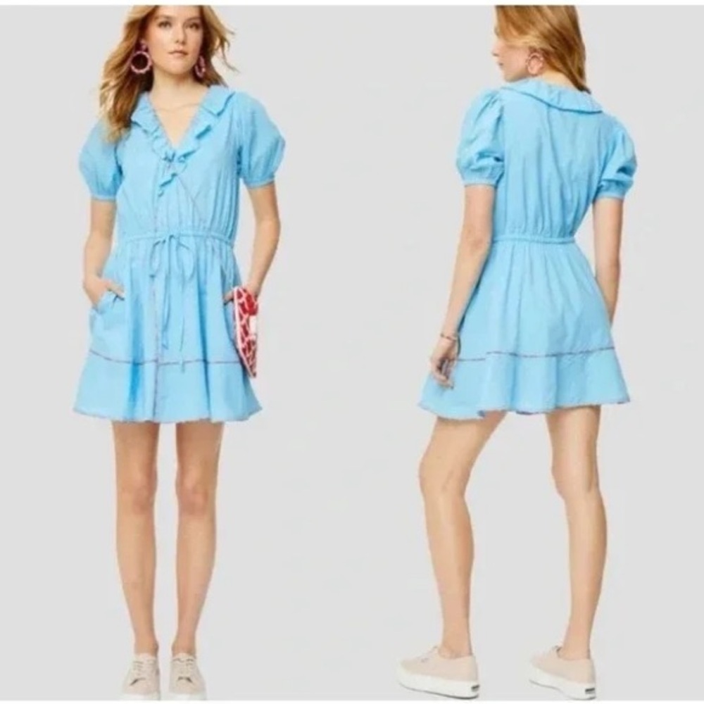 Roller Rabbit Blue Ruffle Wrap Dress Women’s Sz Large Short Sleeve Mini Pockets - Picture 14 of 14